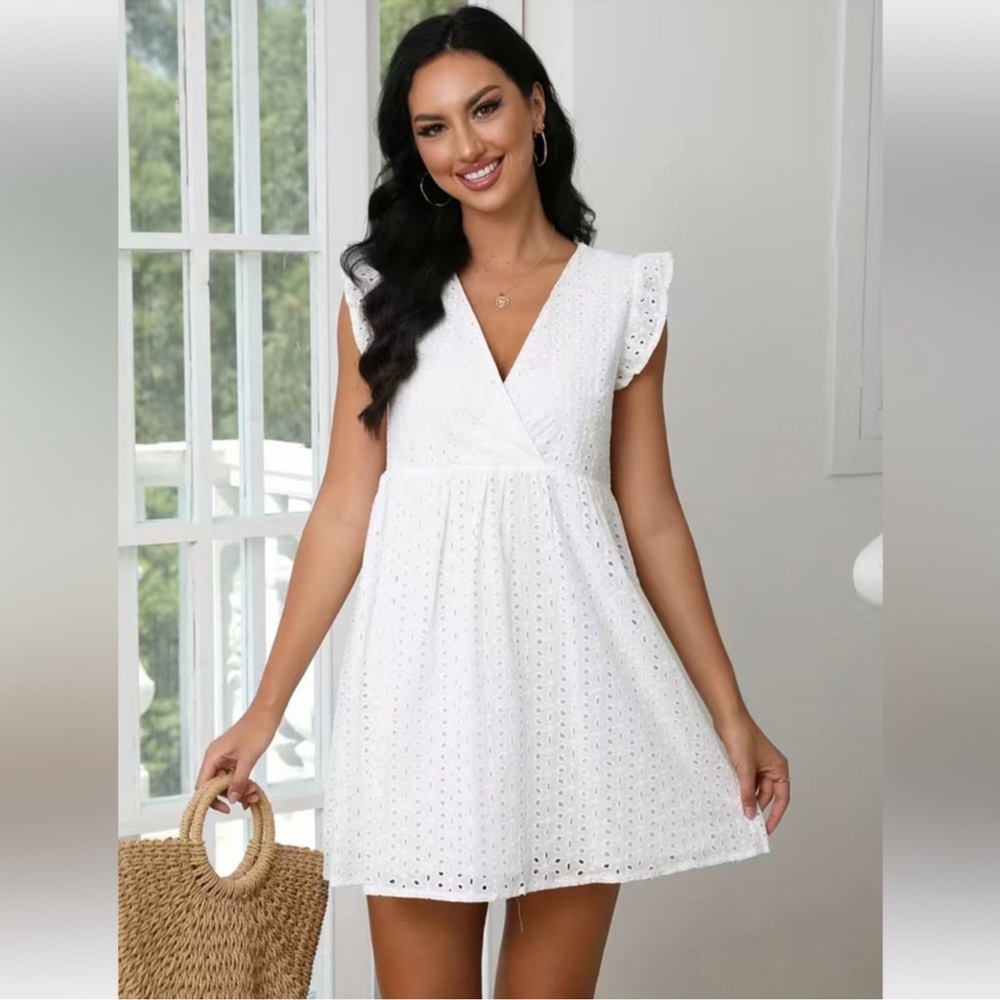 Elegant Ruffle Sleeves White Eyelet Dress XLarge NWT!!